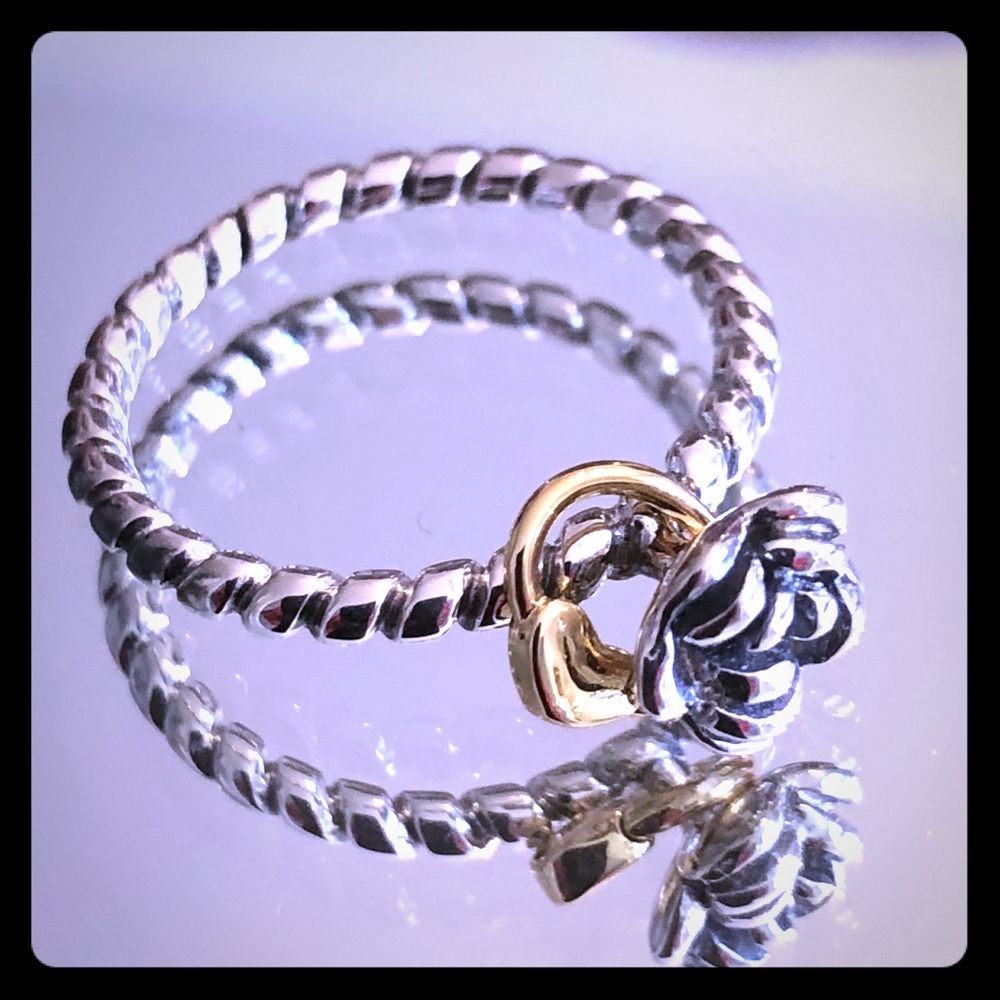 Silver Rose With Gold Heart Ring Accent